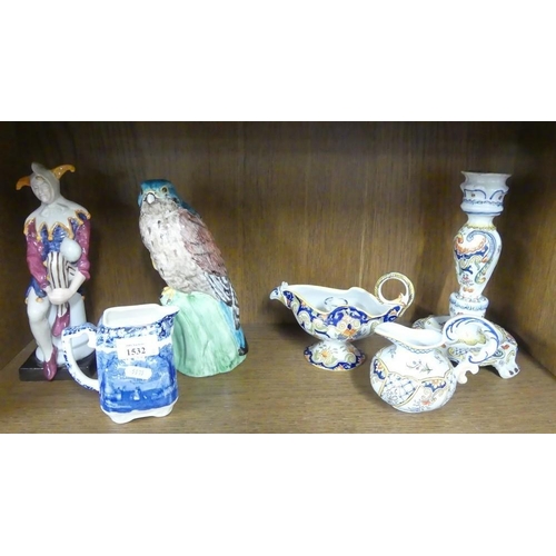 1532 - Assorted Pottery - Two Faience Candlesticks, Jug, Jester, Hawk & Masons Jug.