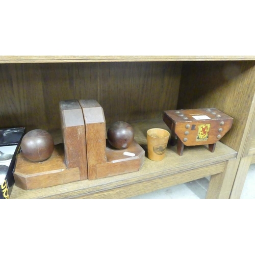 1537 - Pair of Wooden Bookends, Moneybank & Mauchline Ware Cup.