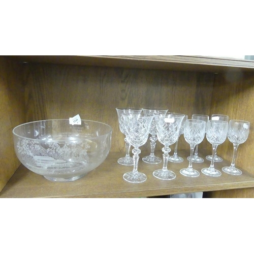 1545 - Assorted Cut Glass Wine Glasses & Engraved Commemorative Fruit Bowl.