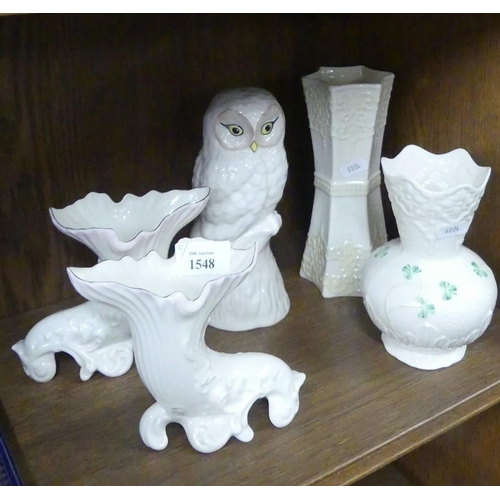 1548 - Four Pieces of Belleek Porcelain & Donegal Parian Owl.