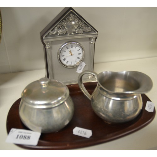 1088 - Royal Selangor Pewter Sugar & Cream on Wooden Stand and Similar Small Size Mantel Clock.