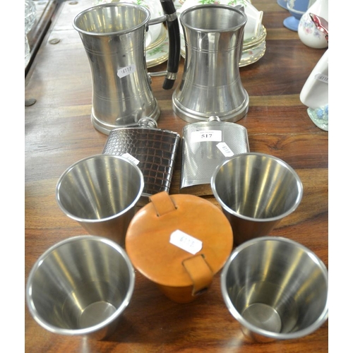 517 - Pewter Tankards, Whisky Flask etc