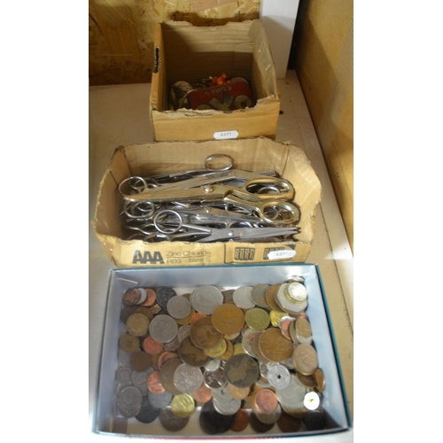 582 - 3 Boxes - Coins, Scissors, Costume Jewellery, Advertising Boxes etc