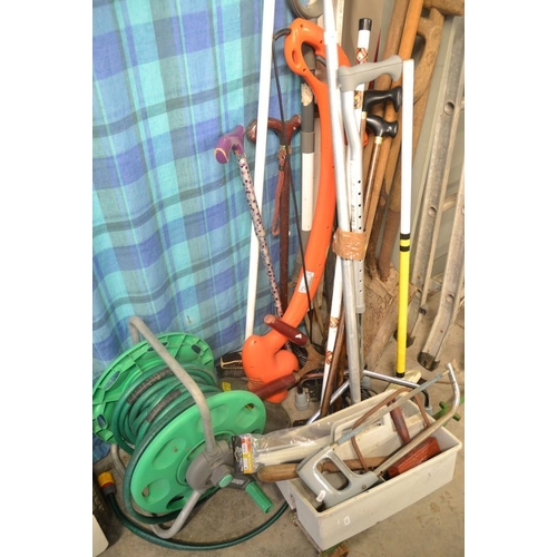 8 - Hose Reel, Electric Strimmer, Trolley Jack & Assorted Garden Tools