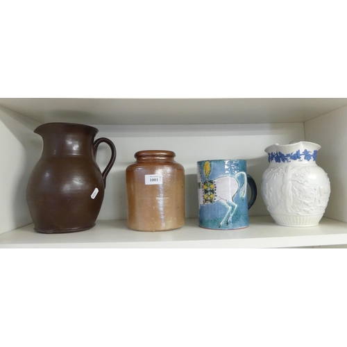 1001 - Large Glazed Pottery Jug, Tankard, Salt Glaze Jar & Antique Wedgwood Hunting Jug.