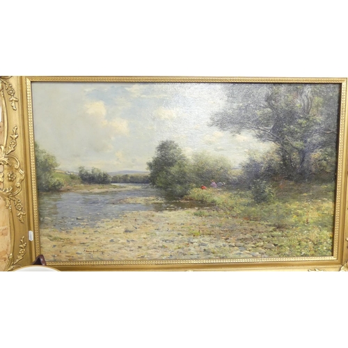 1014 - Framed Oil Painting - River Landscape with Figures on Bank by J Morris Henderson, approx 75 x 44cm.