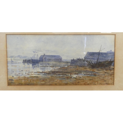 1021 - Framed Watercolour - Harbour Scene by D West dated 1828, approx 21 x 10cm.