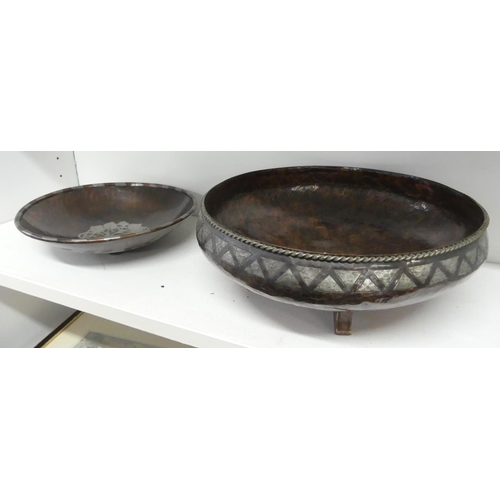 1025 - Two Hammered Copper Bowls with White Metal Decoration.