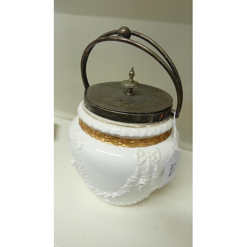 1078 - Victorian Porcelain Biscuit Barrel with Swing Handle.