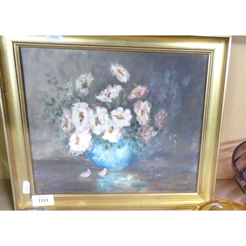 1111 - Framed Oil Painting - Still Life, Vase of Roses, approx 30 x 26cm.