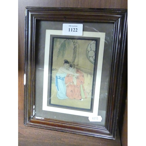 1122 - Framed Japanese Painting on Silk, Two Figures, 8 x 13cm.