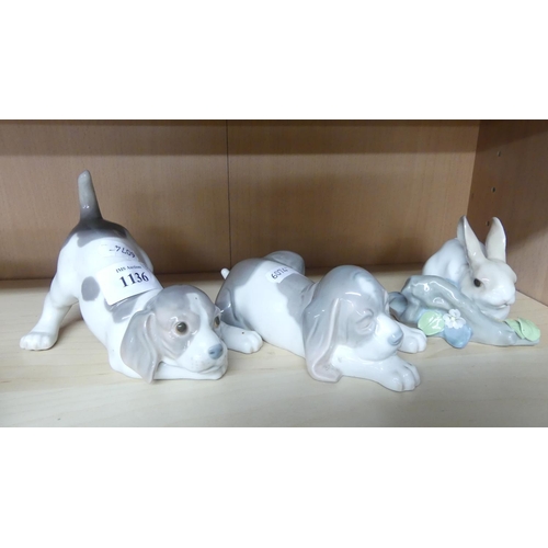 1136 - Three Lladro Porcelain Figures - Two Dogs & Rabbit.