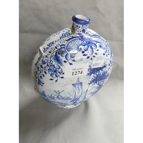 1274 - Delft Moon Shaped Flask, painted with Canal & Windmill scenes.