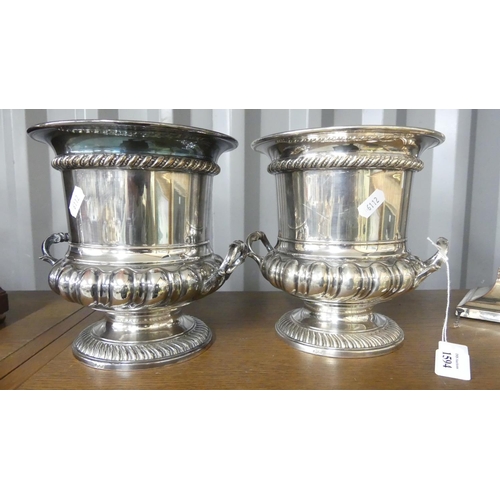 1594 - Pair of English Silverplated Semi-fluted Campana Shaped Urn Shaped Coolers, approx 19cm tall.