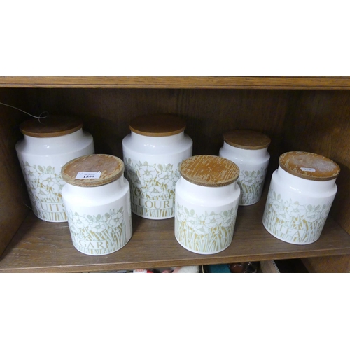 1599 - Five Vintage Hornsey Fleur Pattern Kitchen Storage Jars.