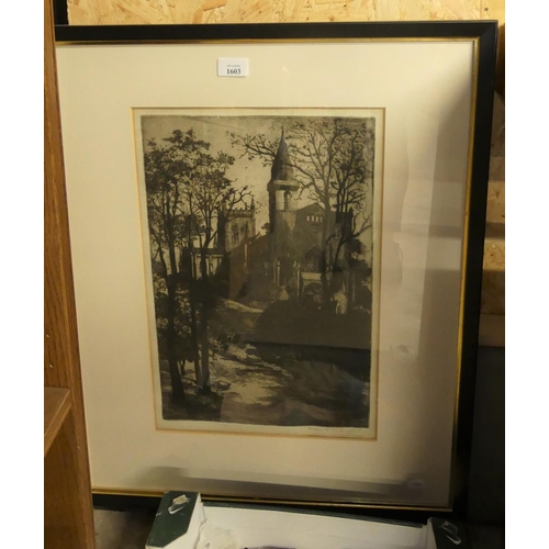 1603 - Framed Black & White Engraving - Architectural Study by Susan F Crawford, approx 30 x 45cm.