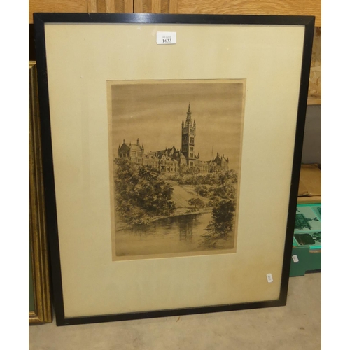 1633 - Framed Black & White Engraving - Glasgow University Signed A Gregor, approx 27 x 39cm.