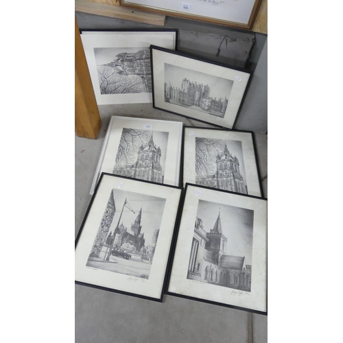 1637 - Seven Framed Prints - Churches & Castles.