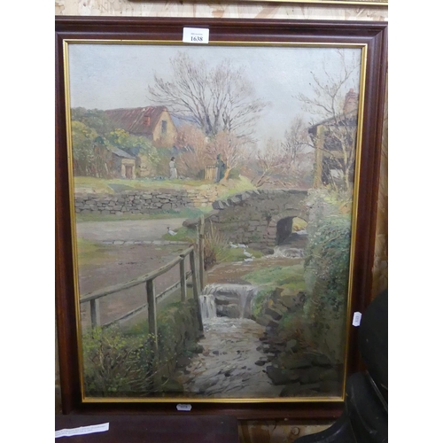 1638 - Framed Oil Painting - Farm Buildings with Stream in Foreground, Signed Donald H Floyd, dated 1943, a... 