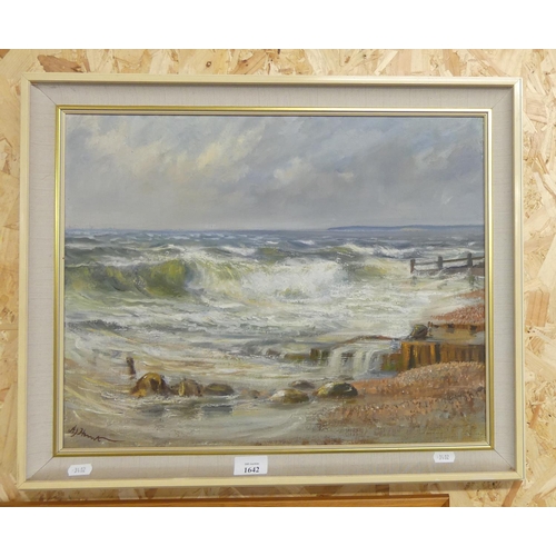 1642 - Framed Oil Painting - Stormy Seas by A. J. Hunt, approx 49 x 39cm.