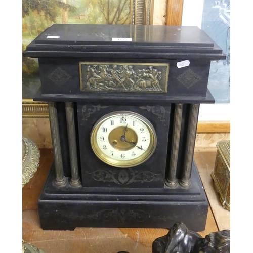 1650 - Large Victorian Black Slate Mantel Clock, decorated with Columns & Figural Friezes, 48cm tall.