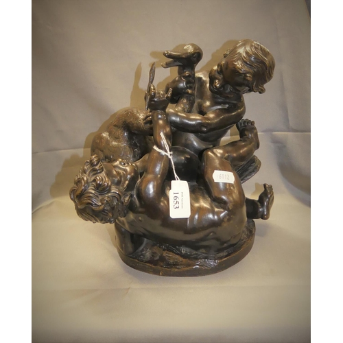 1653 - Bronze Group - Cherubs Force Feeding a Goose, approx 26cm tall.