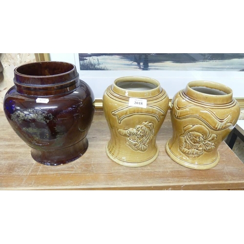 2018 - Three Glazed Pottery Tobacco Jars.