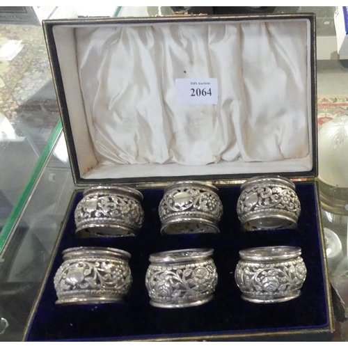 2064 - Boxed Set 6 x Silver Combination Napkin Rings/Salt Dishes.