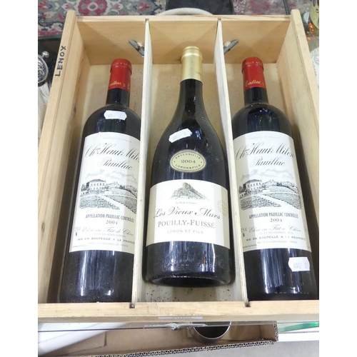 2080 - Three Bottles of Wine in Wooden Case.
2 x Chauteau Haut Milon 2004 & Les Vieux Murs 2004.