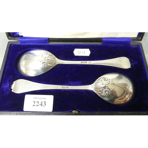 2243 - Cased Pair of London Silver Serving Spoons, Maker G.J & D.F., weighing 2.5oz troy.