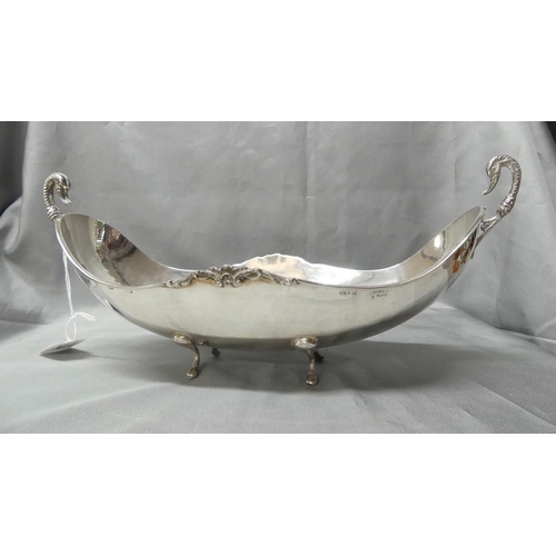 2244 - Italian Hammered Silver Boat Shaped Dish with Swan handles, Maker Lavorato A Mano, 29cm across handl... 