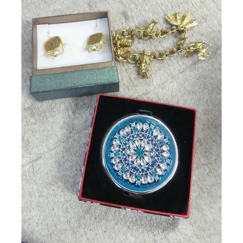 2574 - Box - Yellow Metal Charm Bracelet, Earrings & Compact.