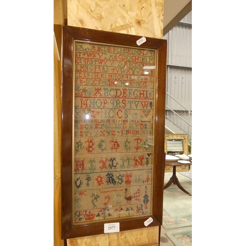 2577 - Framed Sewn Wool Sampler, approx 20 x 42cm.