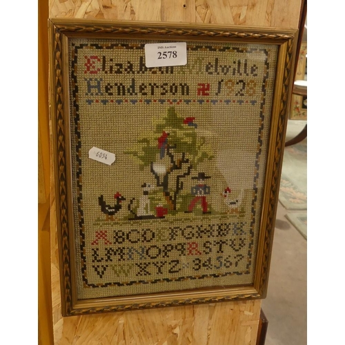 2578 - Framed Sampler Dated 1928, approx 20 x 26cm.