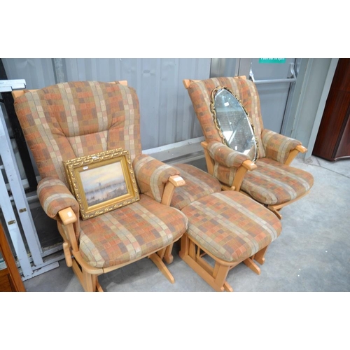 3005 - Pair Of Dutailier Rocking Chairs & Stools.