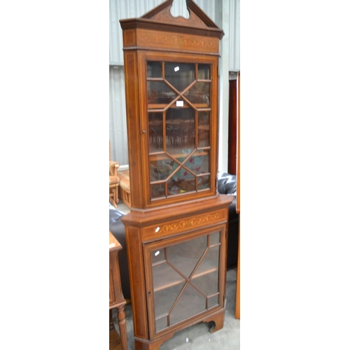 3049 - Edwardian Inlaid Corner Cabinet With Glazed Doors