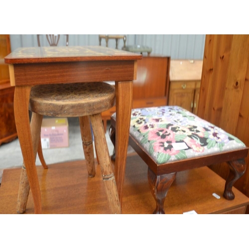 3062 - Italian Inlaid Work Table, Tapestry Stool & Carved Stool