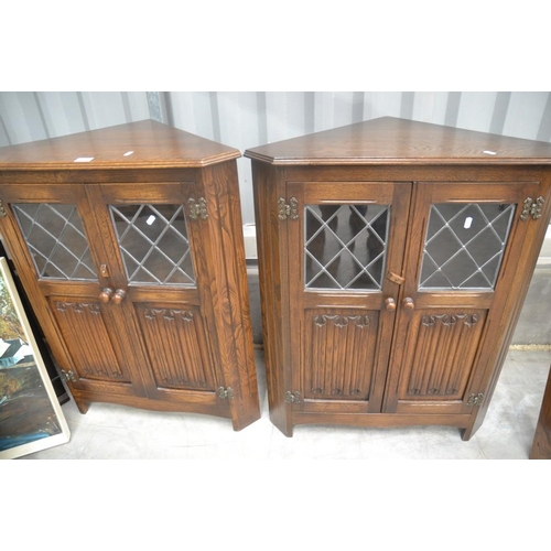 3072 - Pair Of Oak Linen Fold Corner Cabinets.