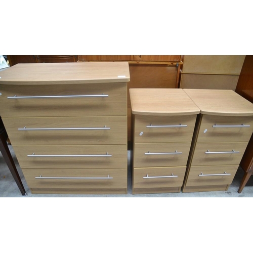 3076 - Ash 4 Drawer Chest & Pair Of 3 Drawer Bedsides