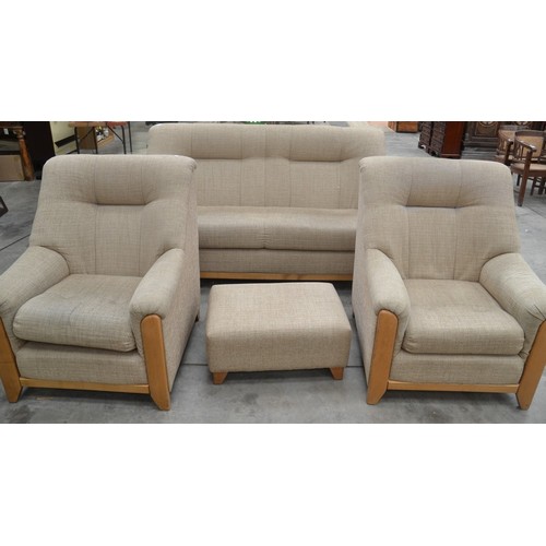 3452 - Light Oak Framed Oatmeal Upholstered Sofa, 2 Chairs & Stool