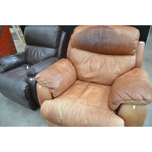 3459 - Tan Leather Recliner & Brown Leather Electric Recliner