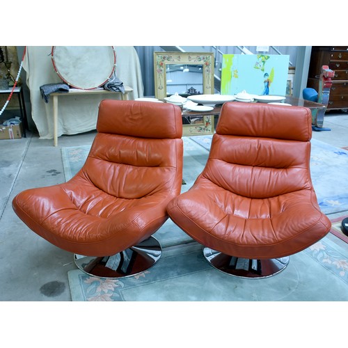 3434 - Pair Burnt Orange Leather Swivel Chairs