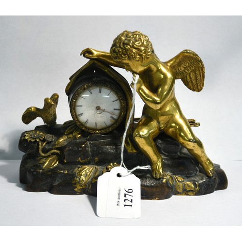 1276 - Rare Small Unusual Georgian Antique Bronze Timepiece, the Cherub mounted heavy bronze Case partially... 