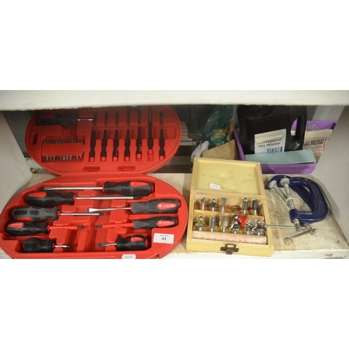 41 - Screw Driver Box Set, Drill Bit Set & 2 G Clamps