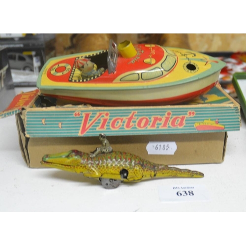 638 - Vintage Asahitoy Japanese Tin Toy Boat In Original Box & Clockwork Tin Crocodile