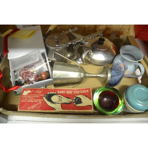 667 - Box - EP Tea Pot, Art Glass Vase, Shoes Stretcher, etc