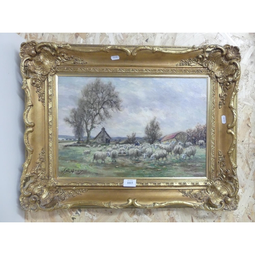 1015 - Framed Oil on Canvas - Country Landscape with Sheep Flock in Foreground, Signed J. A. Gray, approx 4... 