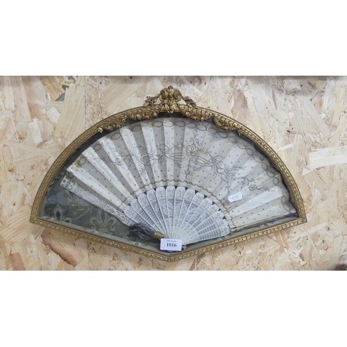 1016 - Victorian Framed Fan - Floral Embroidered on Silk, approx 50cm x 32cm overall.