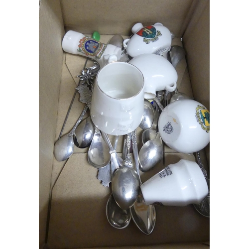 1023 - Box - Assorted Commemorative White Metal Spoons, Crested Wares etc.