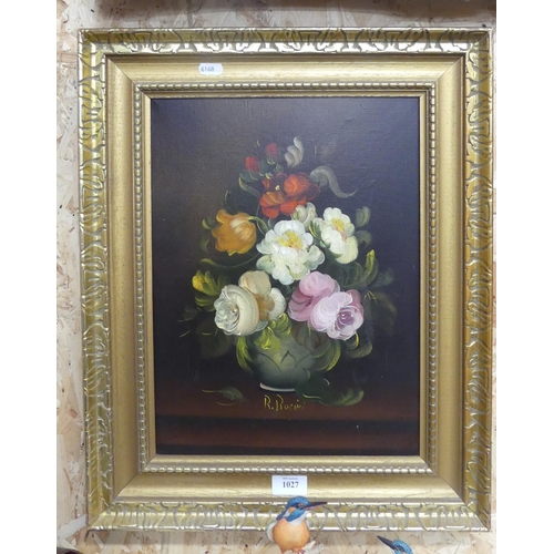 1027 - Framed Oil - Still Life by R. Rogini, approx 29 x 39cm.